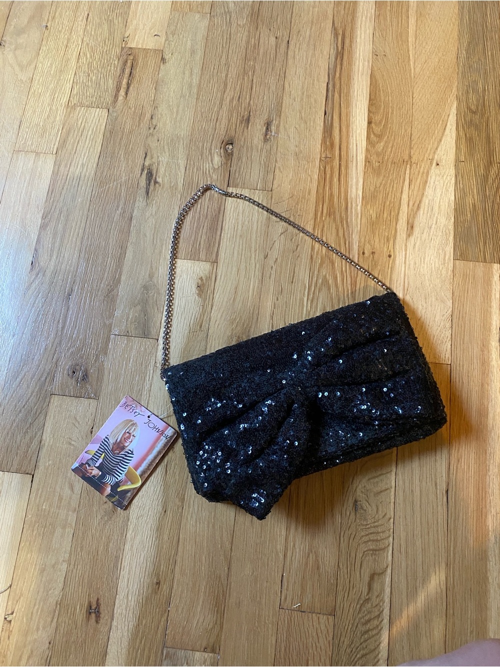 Betsey Johnson Black Sequined Bow Convertible Clutch Evening Bag Chain Strap - Picture 6 of 6